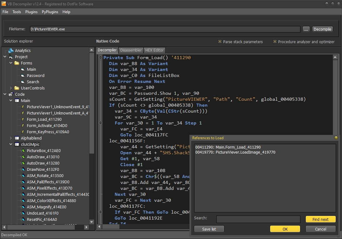 Searching for Functions in VB Decompiler