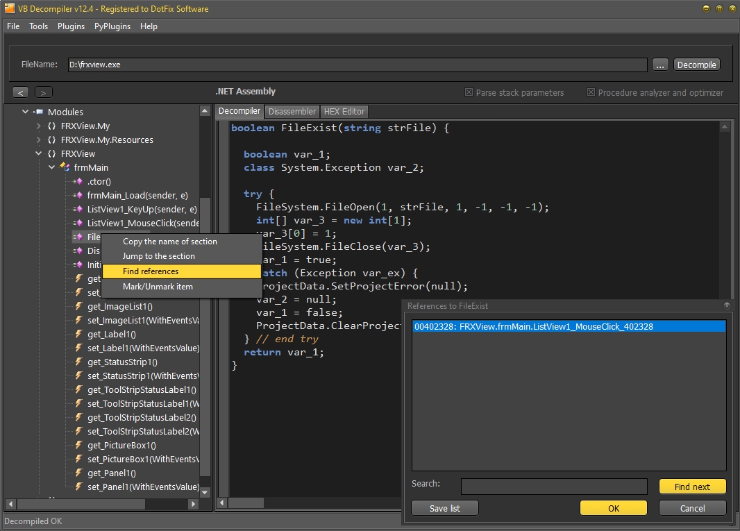 Searching for references to functions in VB Decompiler