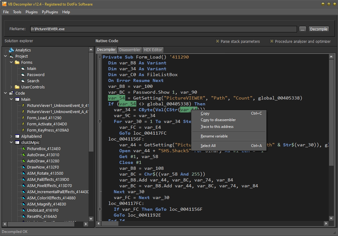 Renaming Variables 1 in VB Decompiler