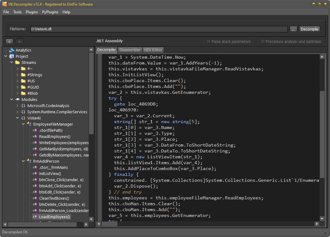 Decompiling try block in C# using VB Decompiler